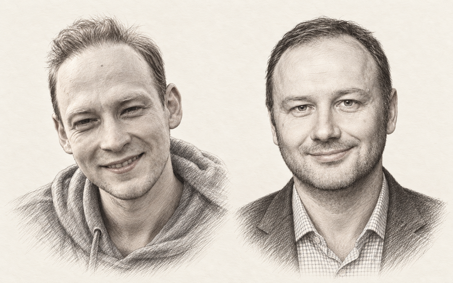 Matching pencil portraits of Yury Maximov on the left and Aleksandr Volkov on the right